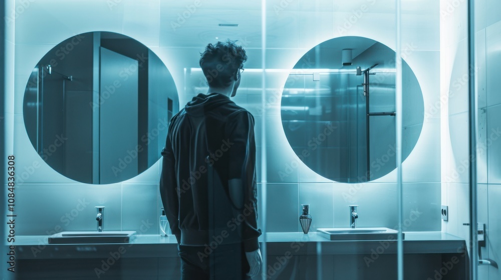 Poster a mirror reflecting a different version of a person standing in front of it, set in a modern bathroo