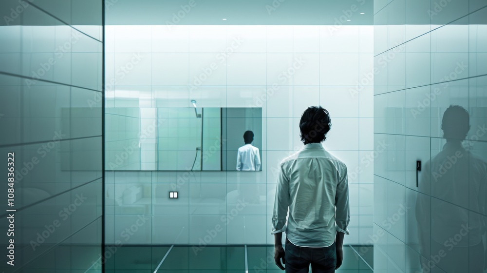 Poster a mirror reflecting a different version of a person standing in front of it, set in a modern bathroo