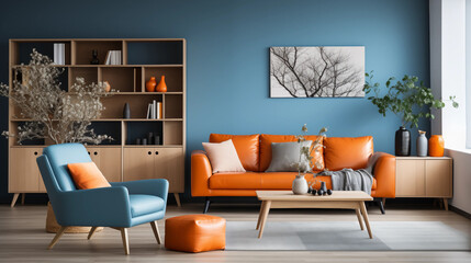 Fototapeta premium Modern Living Room Teal Armchair Orange Sofa Wooden Shelves