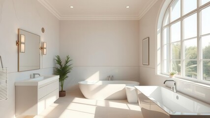 A bright and airy bathroom illuminated by natural light pouring in from a large window, showcasing the modern fixtures and finishes, finishes, spa-like