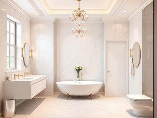 A beautifully renovated bathroom with modern lighting fixtures, clean, renovation project