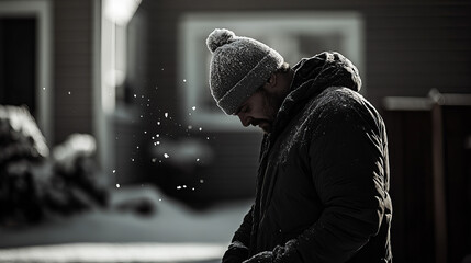 A man stands outside in a snowy environment, adjusting his coat during winter while snowflakes fall around him in a quiet neighborhood