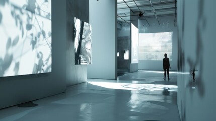 A modern art gallery showcasing digital installations and interactive exhibits, symbolizing innovation in contemporary art, Contemporary lifestyle scene