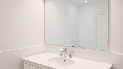 Fototapeta premium A clean bathroom mirror reflecting a sparkling sink and pristine countertop, bathroom, interior
