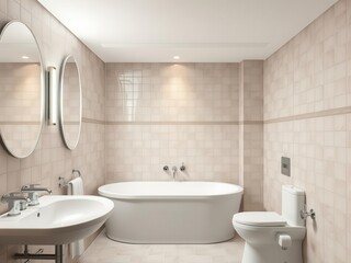 A clean and well-lit bathroom with modern fixtures and tiles, decor, bright