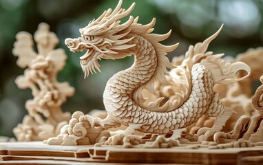 A wooden dragon with a long tail and a mouth open