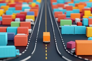 Fototapeta premium A vibrant miniature scene of a truck driving on a road surrounded by colorful shipping containers, showcasing logistics and transportation.