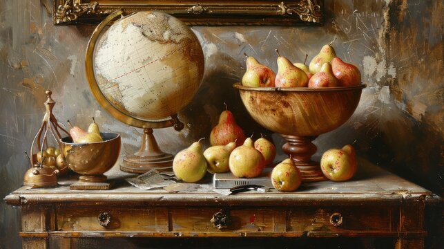A still life painting depicting a wooden table with two bowls of pears, a globe, and other decorative objects.