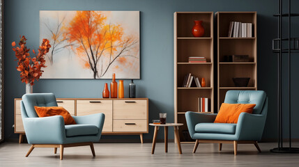 MidCentury Modern Living Room Teal Armchairs Orange Accents Autumnal Artwork