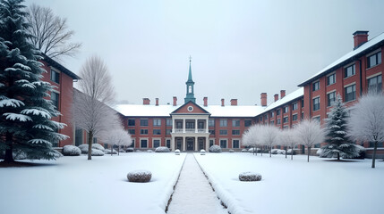Fototapeta premium A Serene Winter Wonderland: Snowy Landscape Surrounding a Prestigious University Campus Perfect for Corporate Culture Presentations