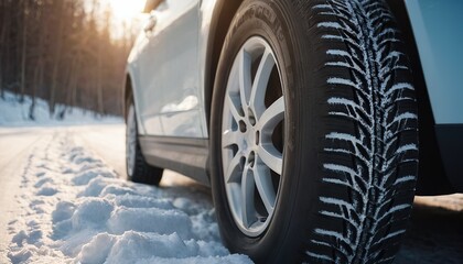 Car tires on winter road covered with snow. Vehicle on snowy alley in the morning at snowfall 23