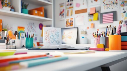 Bright and Colorful Creative Workspace for Artists Featuring Sketchbook, Art Supplies, Paintbrushes, and Vibrant Decor to Inspire Imagination and Creativity