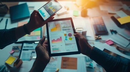 Business colleagues analyze data on tablets and smartphones at cluttered desk.