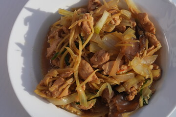 One of the foods that Thai people in Thailand like to eat is stir-fried chicken with young ginger.