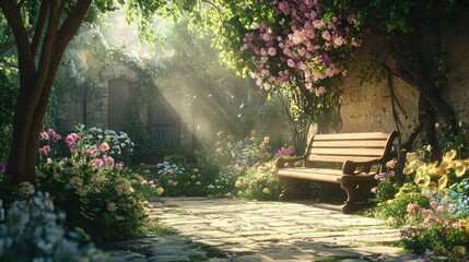 Tranquil Garden Retreat with Blooming Flowers and Serene Bench Surrounded by Nature's Beauty, Illuminated by Soft Sunlight and Enchanting Scenery