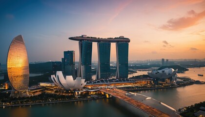 Naklejka premium Singapore. Marina Bay Sands Hotel. Colorful dawn and calm water of the bay 201