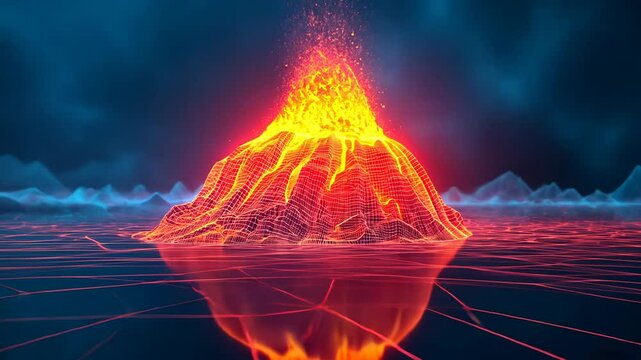 wireframe  volcano erupting,   lava and  lighting 