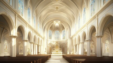 Fototapeta premium Brightly lit cathedral interior with golden arches and pews