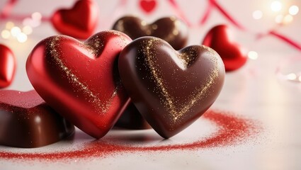 Fototapeta premium A vibrant display of heart-shaped chocolates in red and brown, ideal for romantic occasions like Valentine's Day.