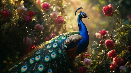 Fototapeta premium A Majestic Peacock Among Blooming Roses in Golden Sunlight