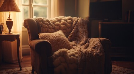 Fototapeta premium Cozy Armchair with Soft Knit Blanket Draped Over it, Surrounded by Warm Light in a Relaxing Living Room Setting Ideal for Home Decor and Comfort Themes