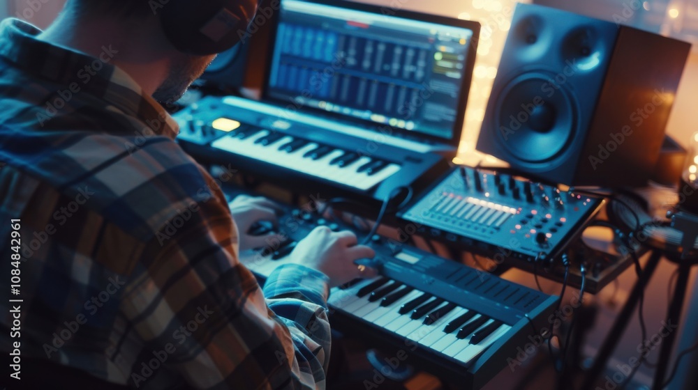 Poster a musician composing music with digital instruments and software in a home studio setup, symbolizing