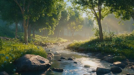 Obraz premium Serene Morning Landscape with Sunlight Filtering Through Trees and a Gentle Stream Flowing in a Lush Green Forest Setting