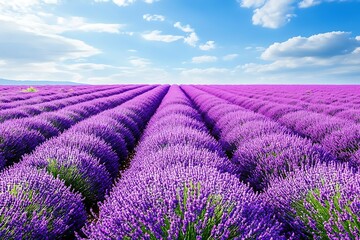 Obraz premium Vibrant lavender fields under a blue sky with fluffy clouds.