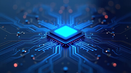 Glowing Purple AI Chip on Blue Circuit Board, Symbolizing Advanced Artificial Intelligence Technology.