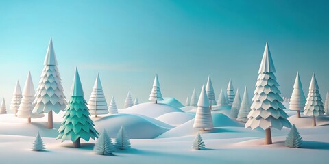 A serene winter wonderland scene with stylized snow-covered trees and gently rolling hills under a pale blue sky