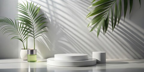 Obraz premium Serene Minimalist Display with White Platforms and Lush Greenery