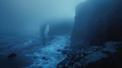 A serene coastal scene shrouded in fog, featuring a rocky arch and gentle waves.