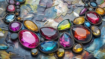 Vibrant and Colorful Statement Necklace with Large Gemstones on a Textured Artist Palette Background, Ideal for Fashion, Jewelry, and Art Concepts