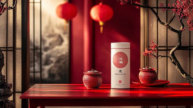 Traditional Chinese tea container with red oriental decor, Elegant festive setting featuring lanterns and cultural design