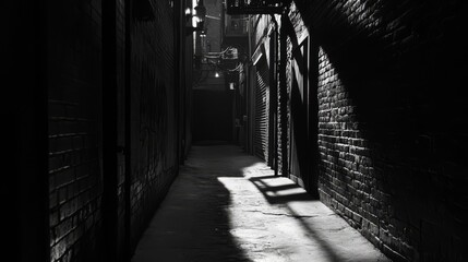Fototapeta premium A narrow, dark alleyway with brick walls and a single light source casting long shadows.