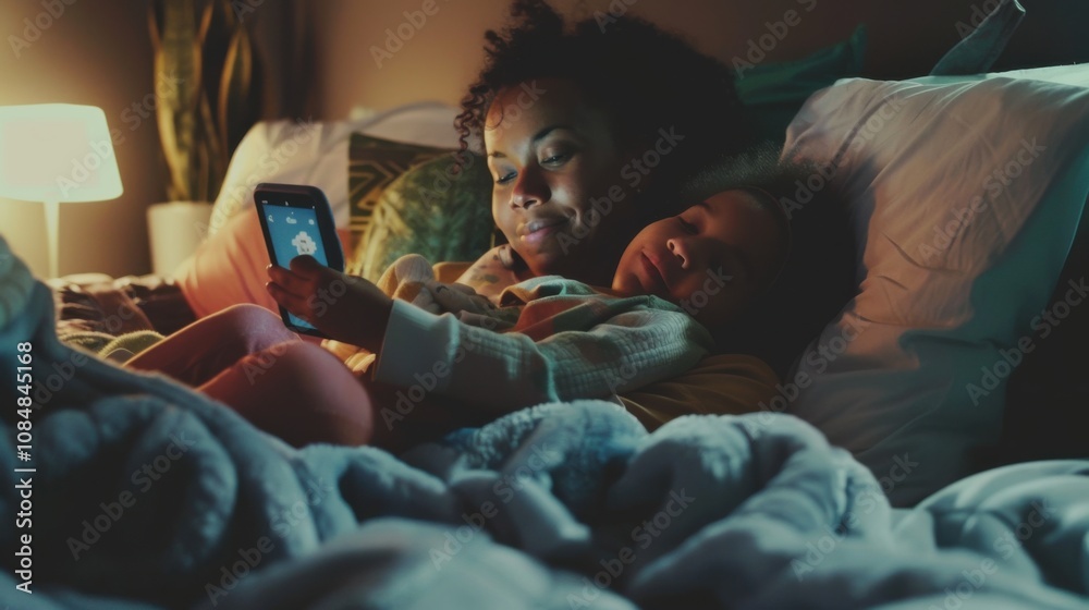 Poster a parent reading a bedtime story to their child via a storytelling app, bedtime routine scene, nurtu
