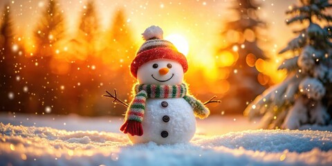 Obraz premium A cheerful snowman, adorned in a festive hat and scarf, basks in the warm glow of a winter sunset.