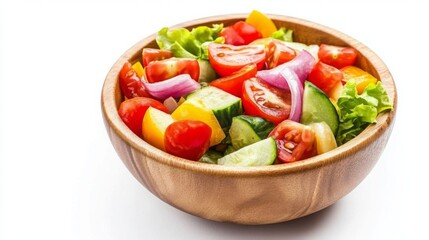 Isolated closeup of a healthy green salad with fresh tomatoes, cucumbers, and red peppers in a white bowl