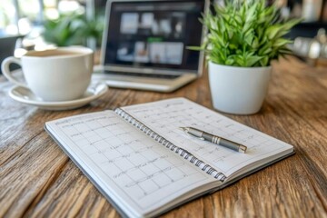Organized Workspace: Coffee, Laptop, Planner, and Pen