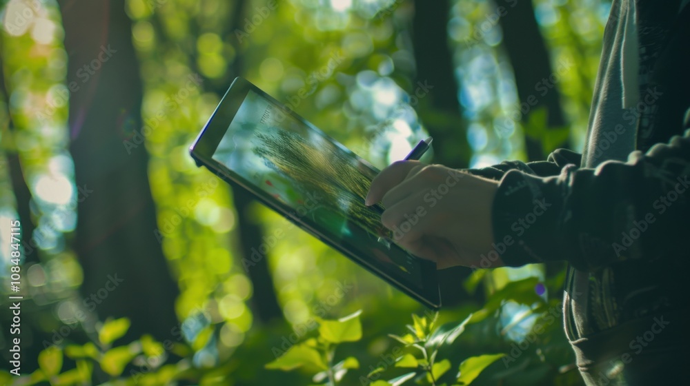 Poster a person creating a digital art piece on a tablet in a park, symbolizing the fusion of nature and te