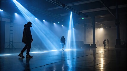 Obraz premium Silhouetted figures in a large, dimly lit warehouse space, bathed in dramatic blue stage lighting, create a captivating scene of artistic performance or rehearsal.