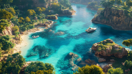 Obraz premium Secluded Cove with Turquoise Water and Boats - 3D Illustration