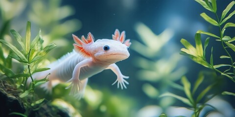 Albino axolotl swimming gracefully in a clear aquarium filled with aquatic plants. Cute amphibian concept