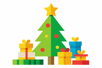 Cartoon Christmas Tree with Gifts and Ornaments - Flat Design Vector.