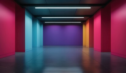 a brightly colored hallway with a black tiled floor and a neon light