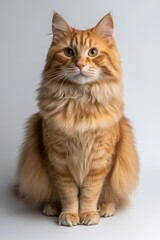 Fototapeta premium Portrait of a Fluffy Ginger Cat Sitting on a White Background