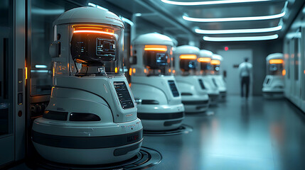 Futuristic hospital with AI enhanced robots in sleek environment, showcasing advanced technology and innovation. atmosphere is modern and efficient