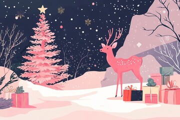 Artistic composition in pink colors with Christmas tree, deer and gifts. Festive New Year concept. Generative AI illustration for cover, card, postcard with generative ai