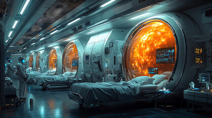 futuristic hospital ward featuring advanced AI technology, showcasing patients in high tech pods with glowing orange backgrounds. atmosphere is both innovative and serene