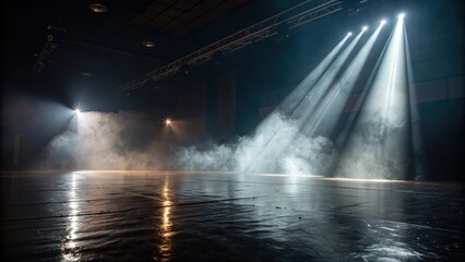 Empty Stage with Dramatic Lighting and Fog Effects